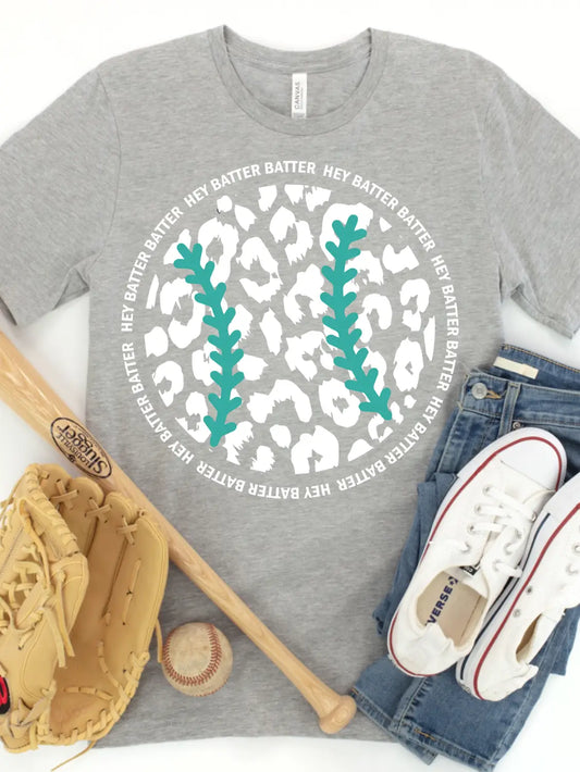 Hey Batter Batter Baseball tee on gray w/ turquoise stitches