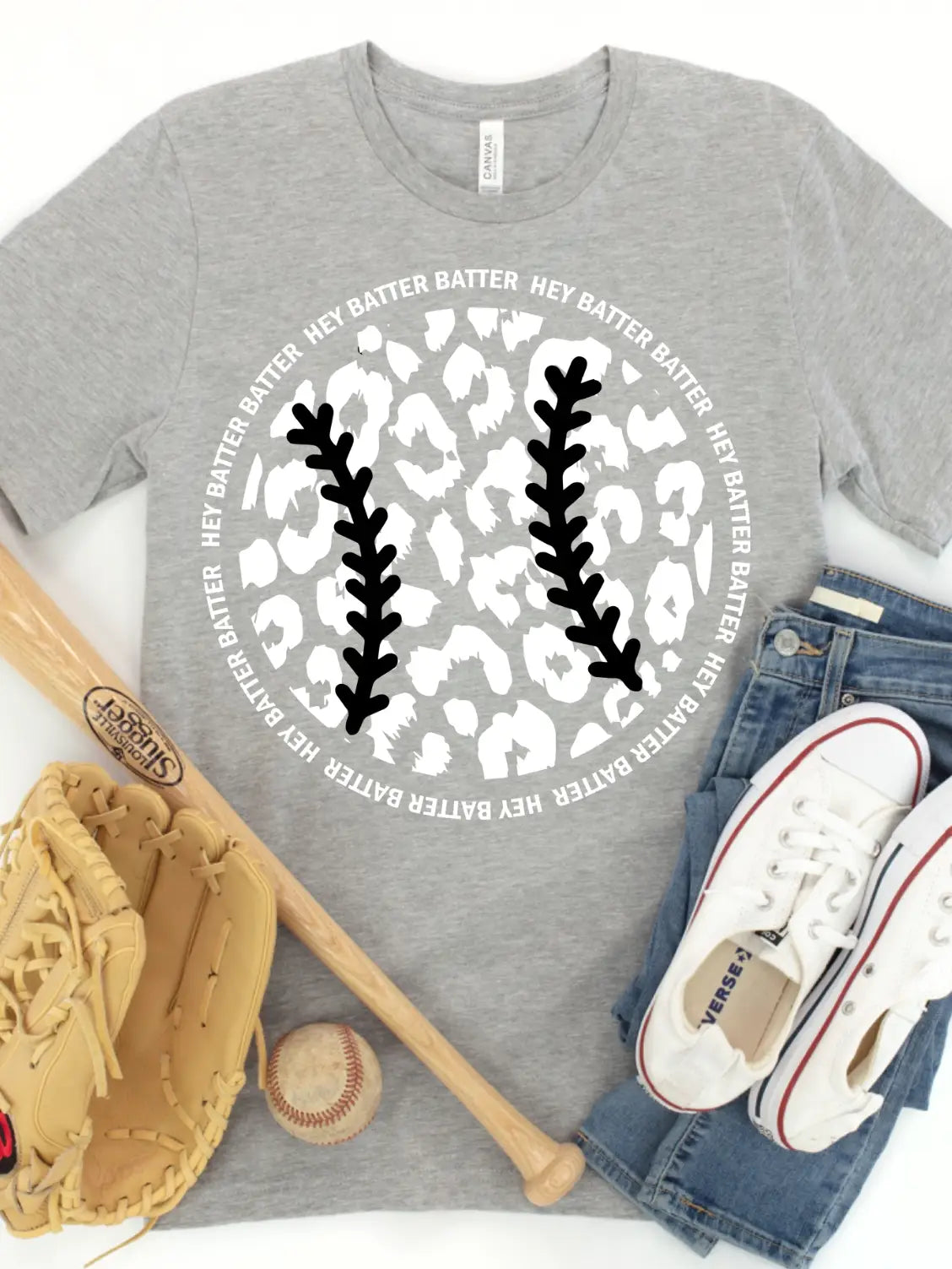 Hey Batter Batter Baseball tee on gray w/ black stitches
